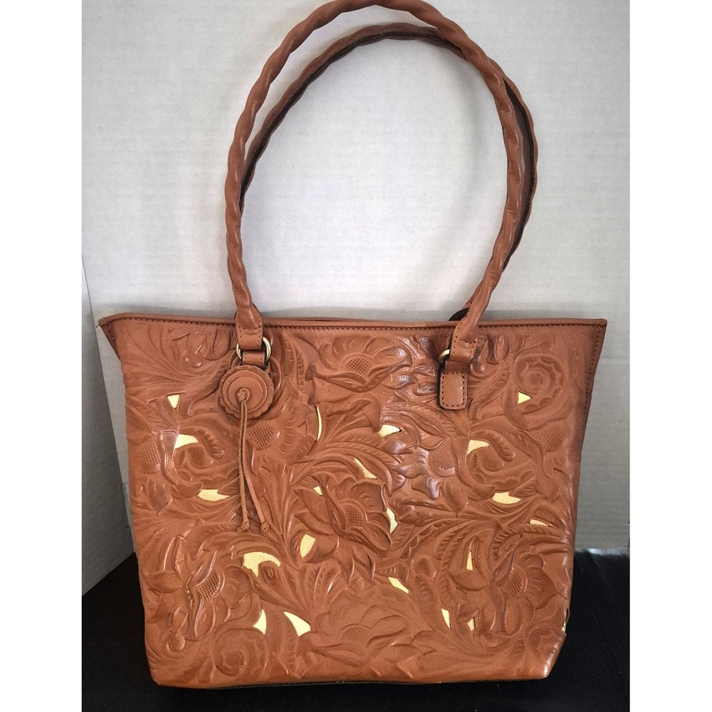 Patricia Nash Large "Adeline" Leather Burnished Cutout Floral Tote. MSRP $269+